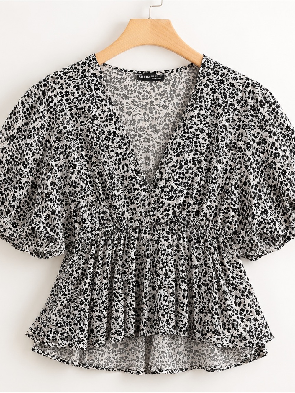 SHEIN Black&White Floral Peplum Blouse - Size S